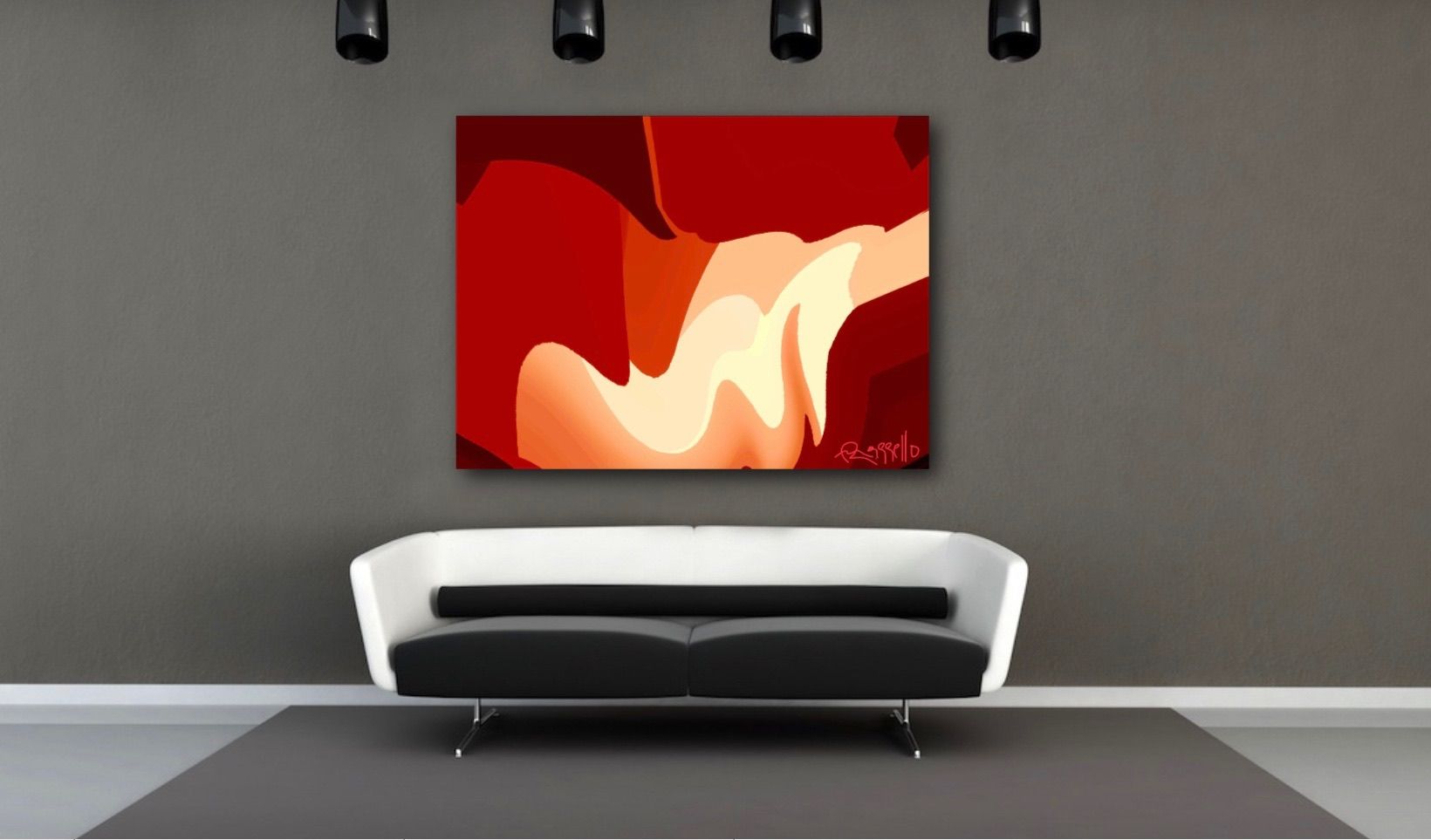 A living room with a couch and a painting on the wall