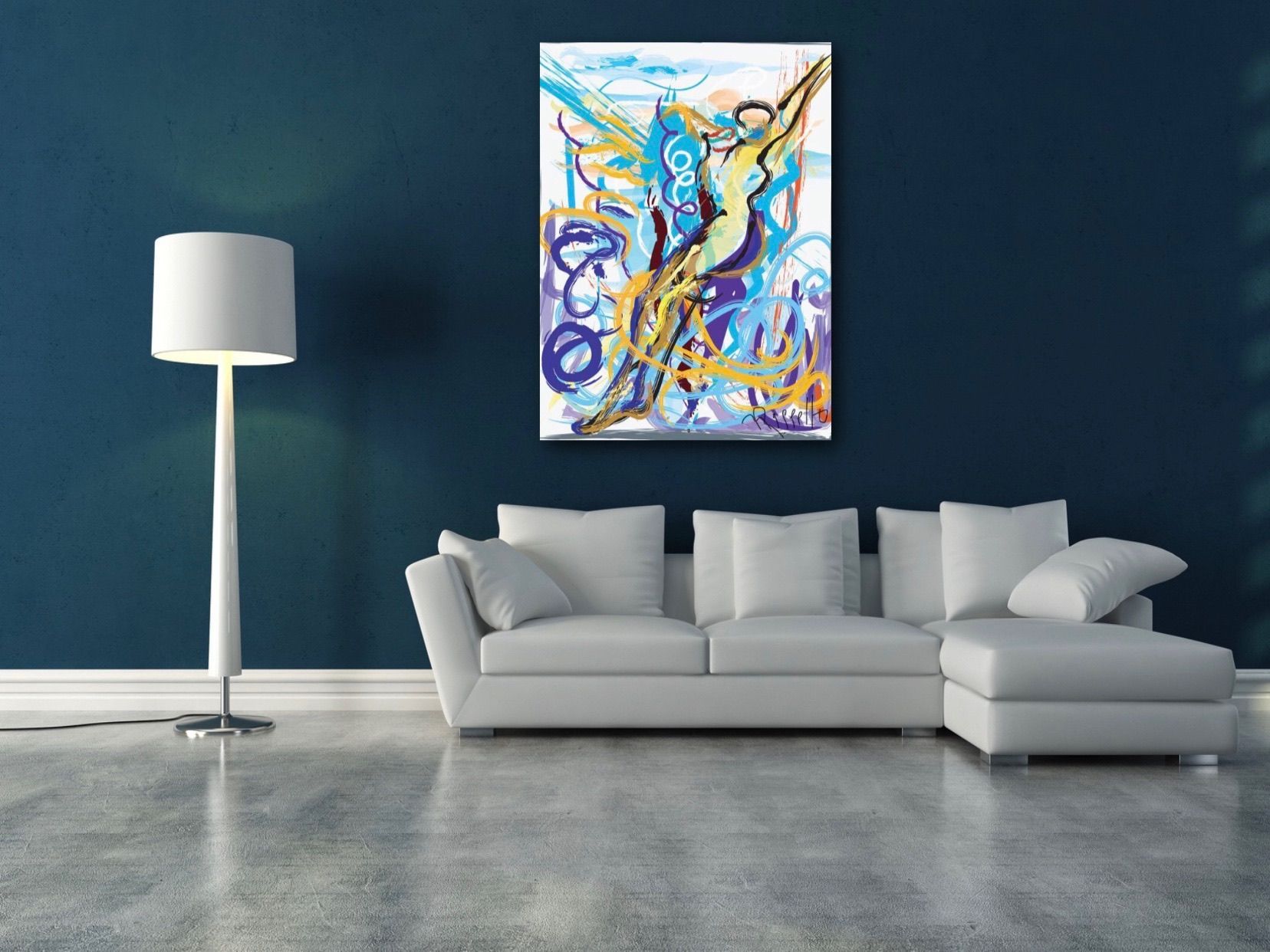 A living room with a white couch and a painting on the wall