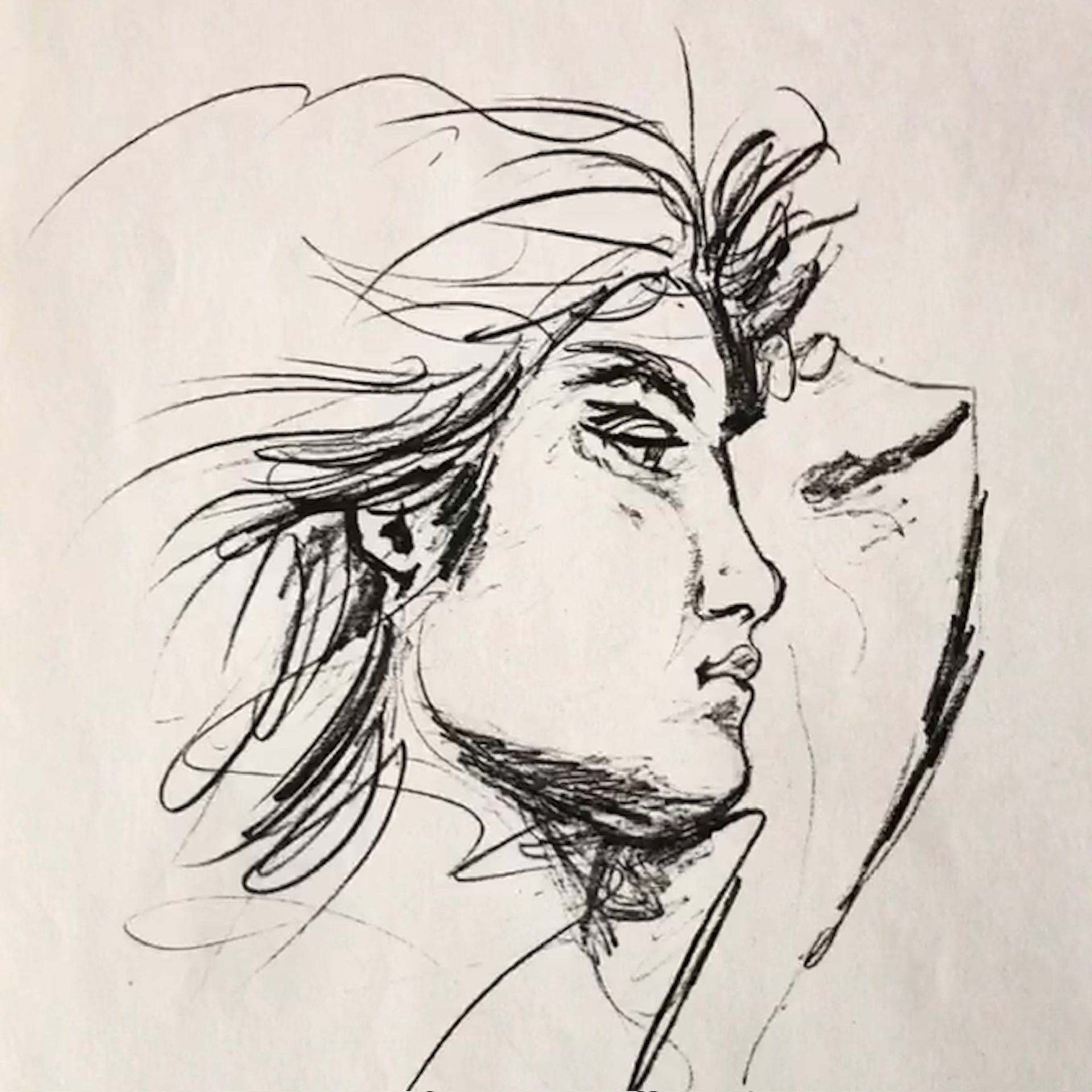 A black and white drawing of a woman 's face