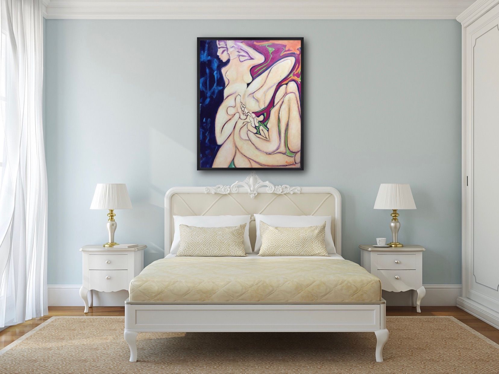 A bedroom with a bed , nightstands , lamps and a painting on the wall above the bed.