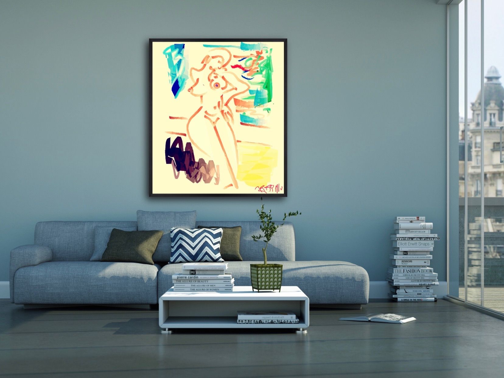 A living room with a couch and a painting on the wall