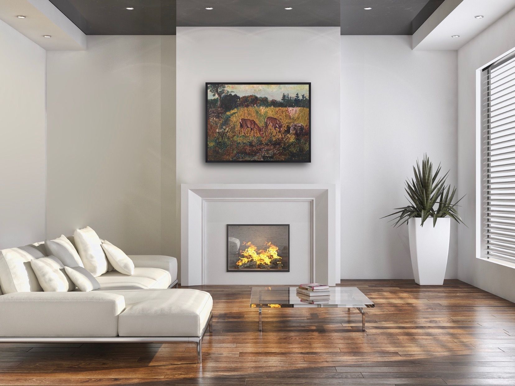 A living room with a fireplace and a painting on the wall