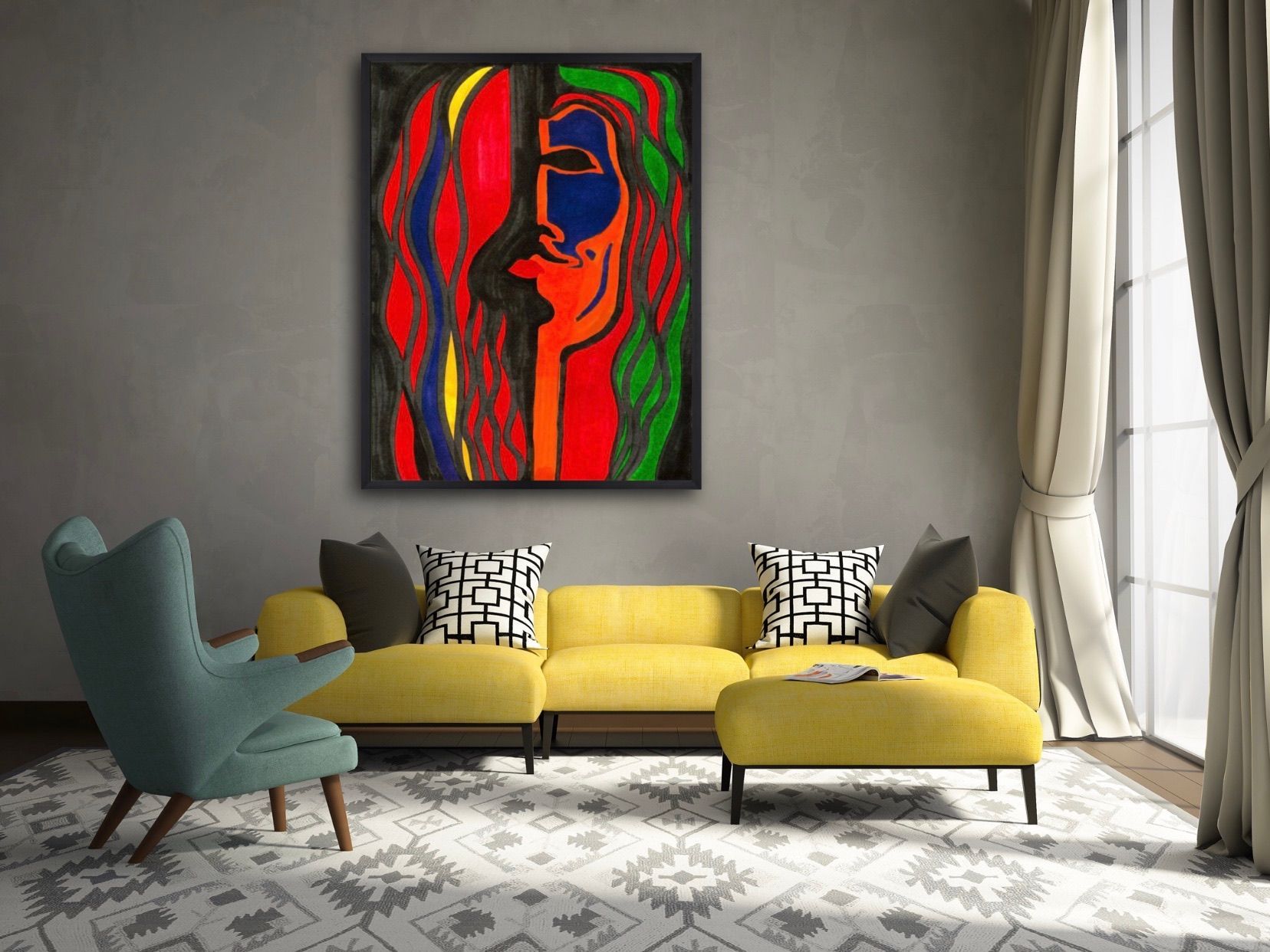 A living room with a yellow couch and a painting on the wall.