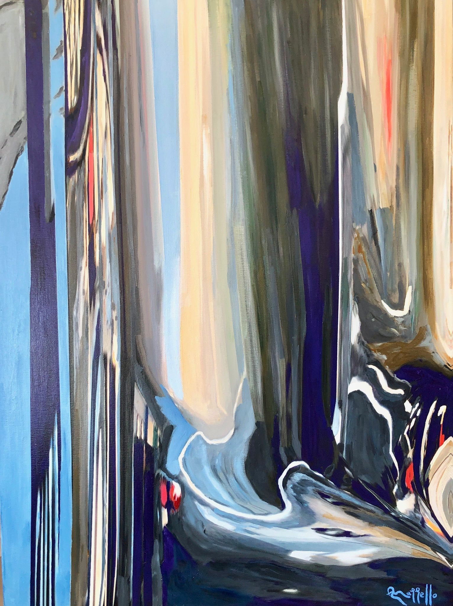 A close up of a painting of a boat in the water.