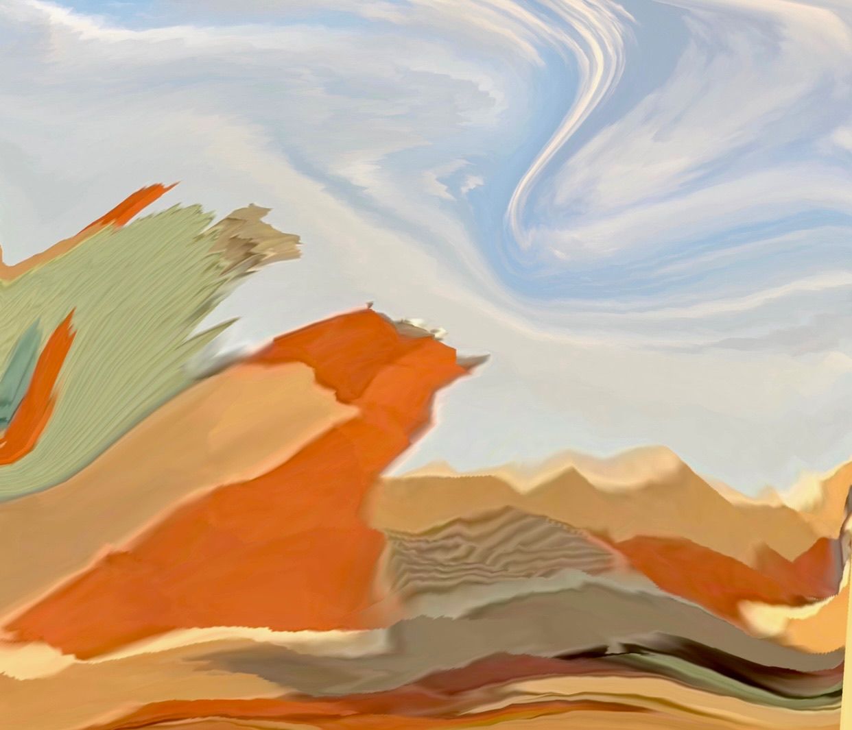 A painting of a desert with mountains in the background