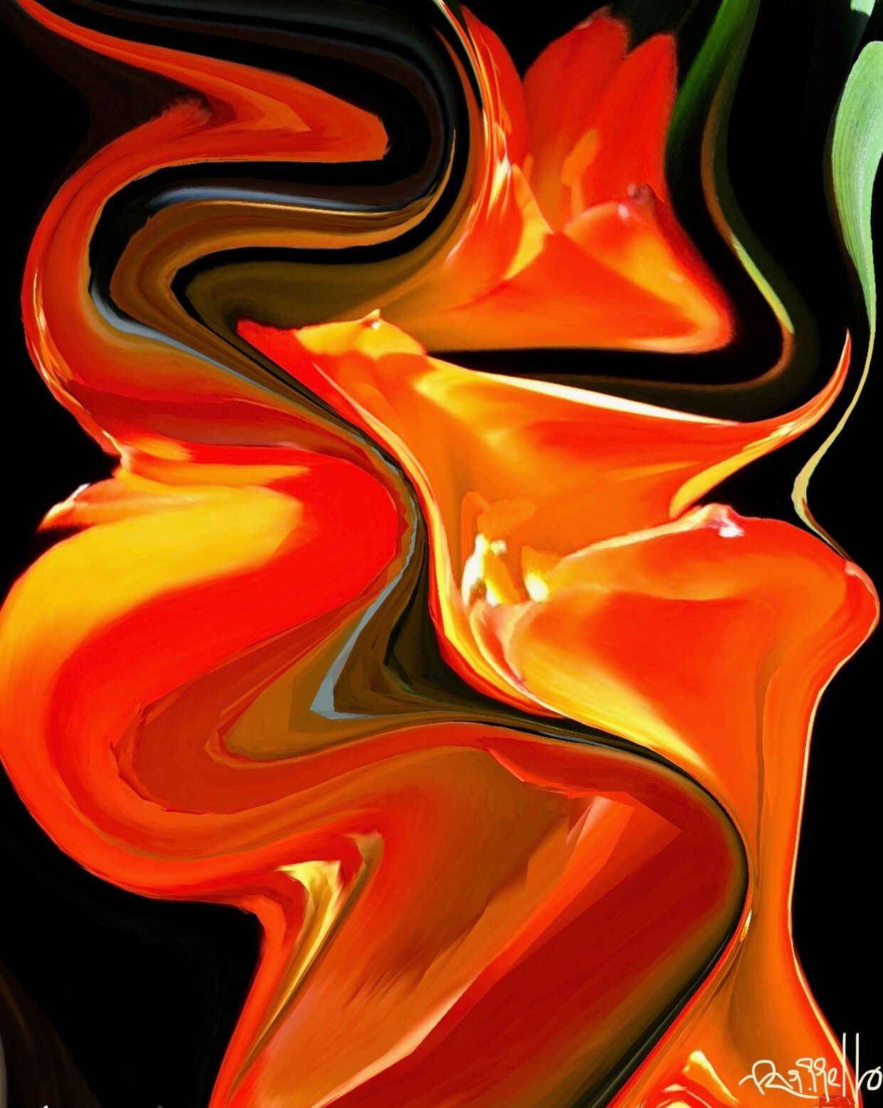 A painting of a swirl of orange and yellow paint on a black background