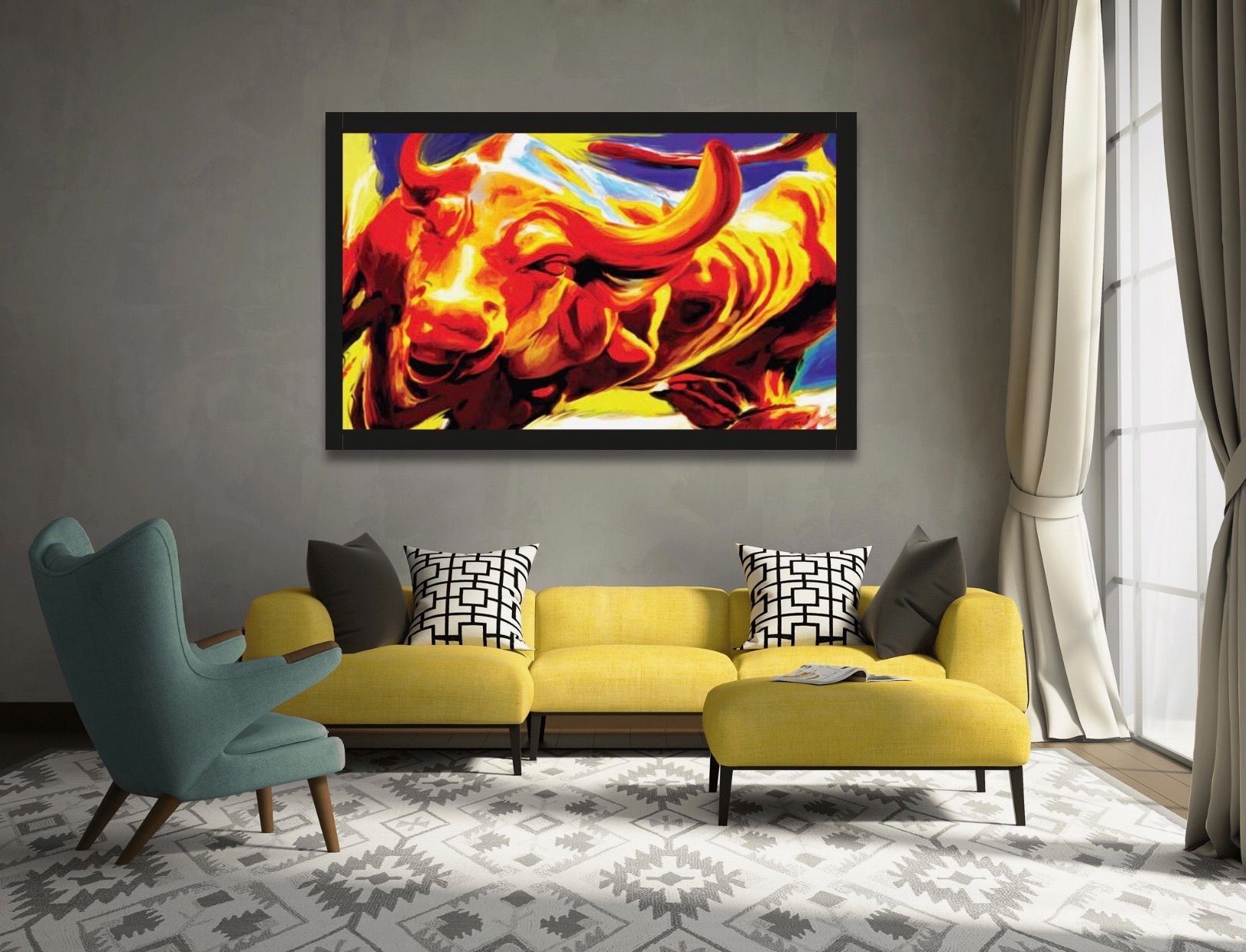 A living room with a yellow couch and a large painting of a bull on the wall.