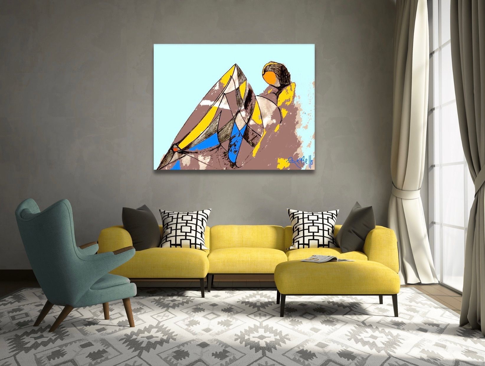A living room with a yellow couch , blue chair , and a painting on the wall.
