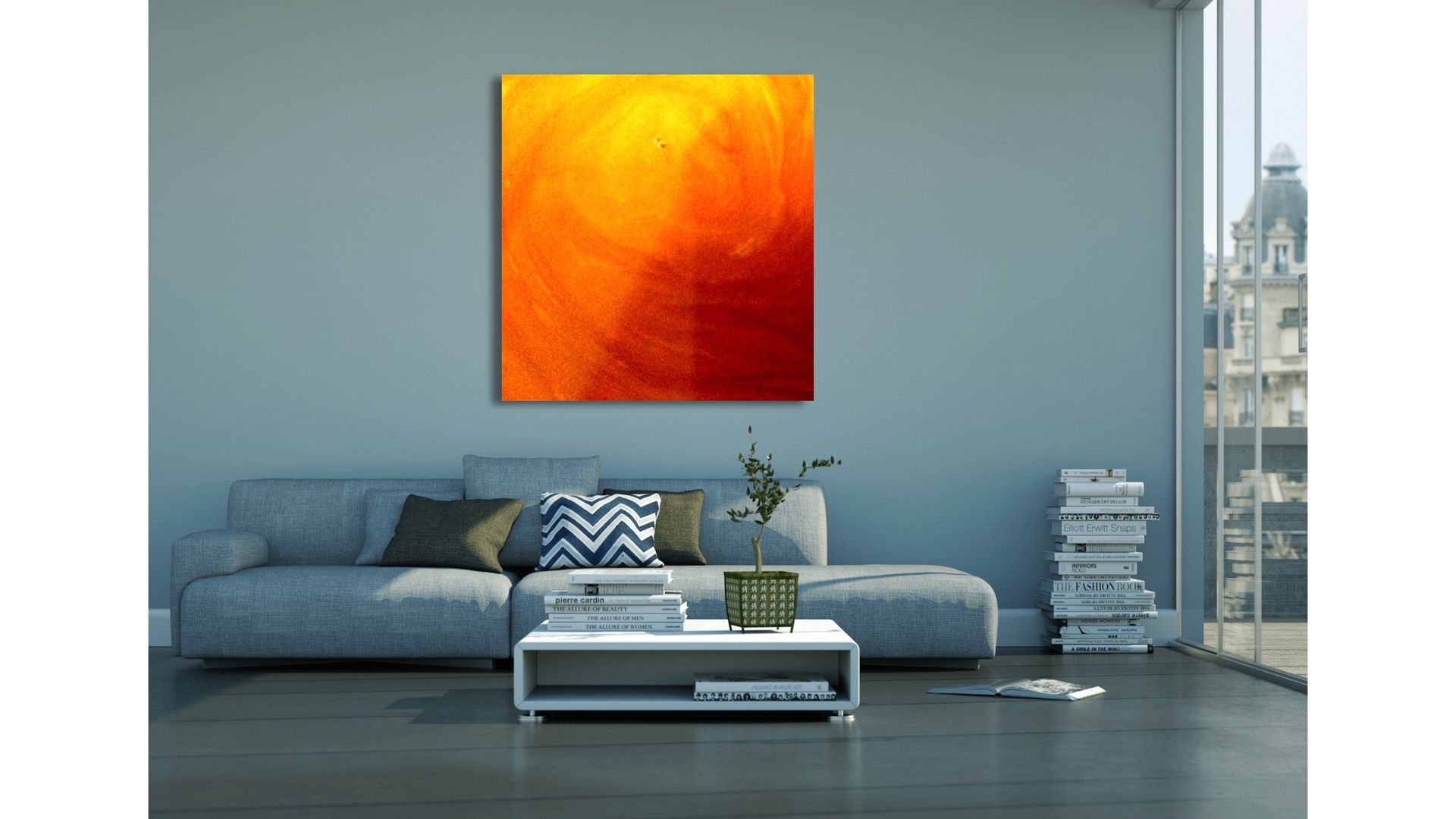 A living room with a couch , coffee table and a painting on the wall.