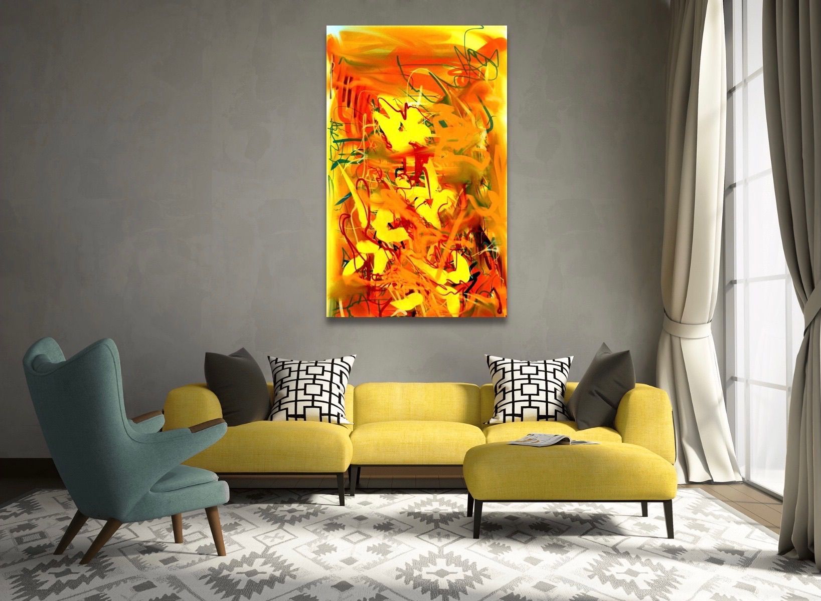 A living room with yellow furniture and a large yellow painting on the wall.