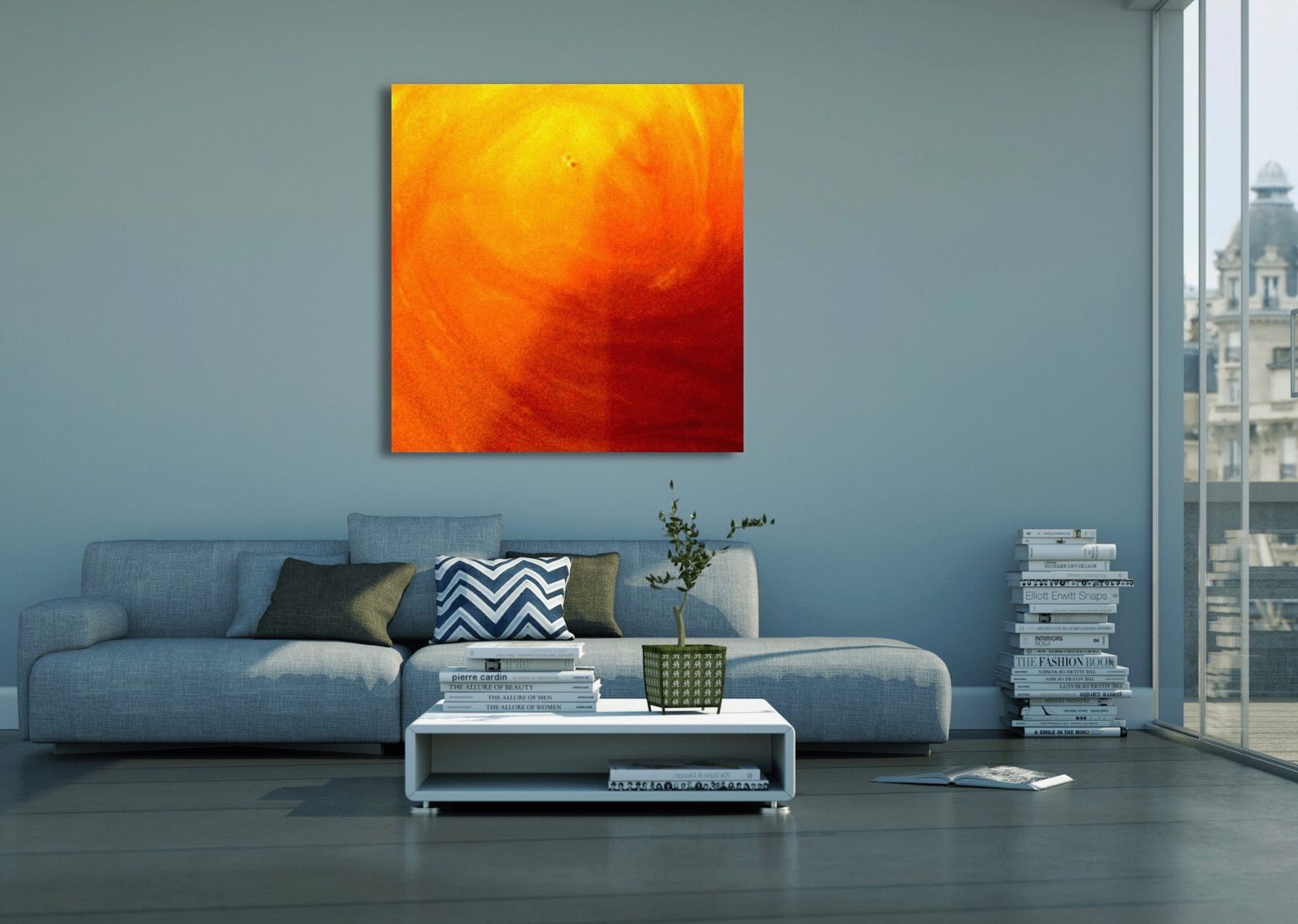 A living room with a couch a coffee table and a painting on the wall