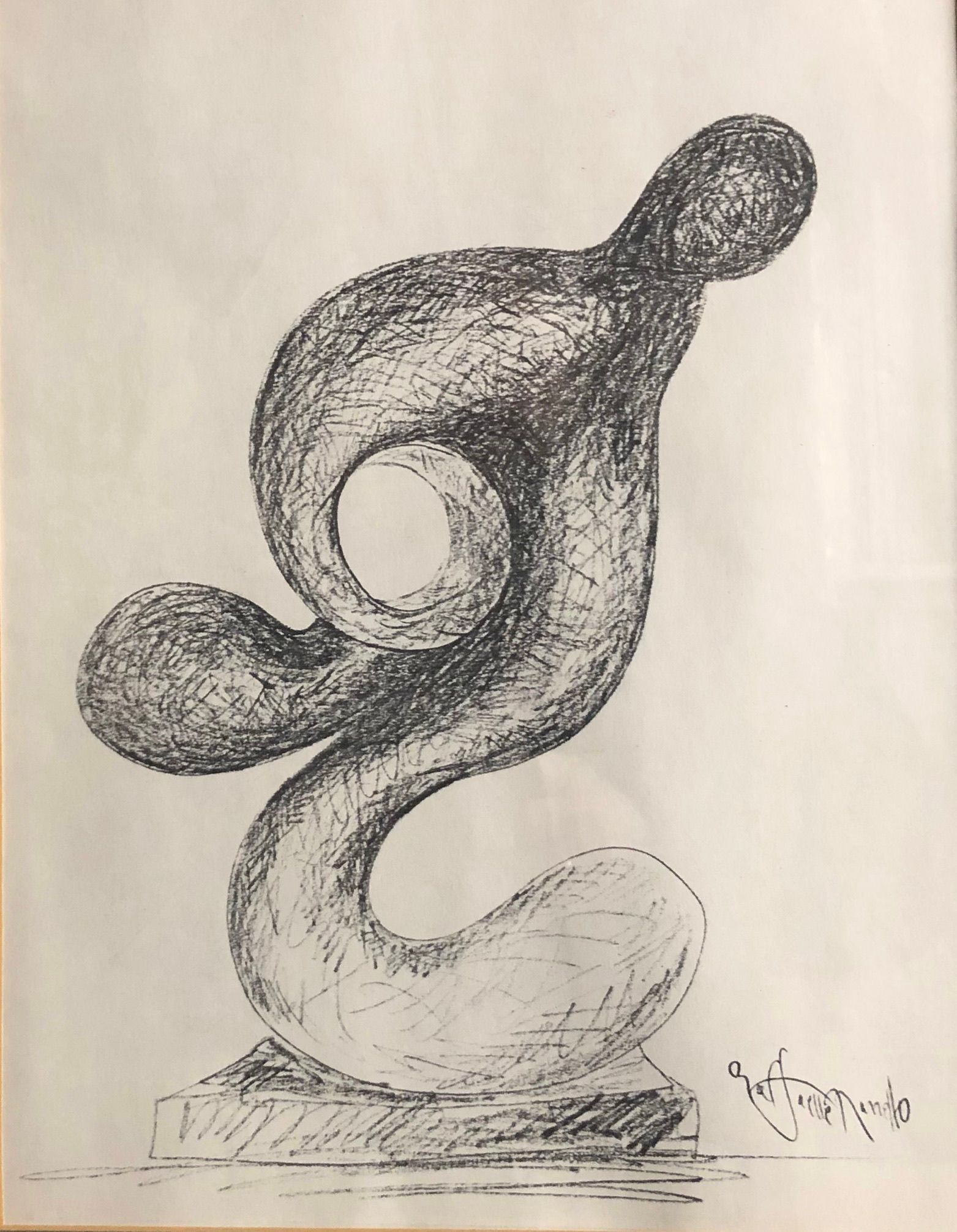 A black and white drawing of a sculpture with a signature
