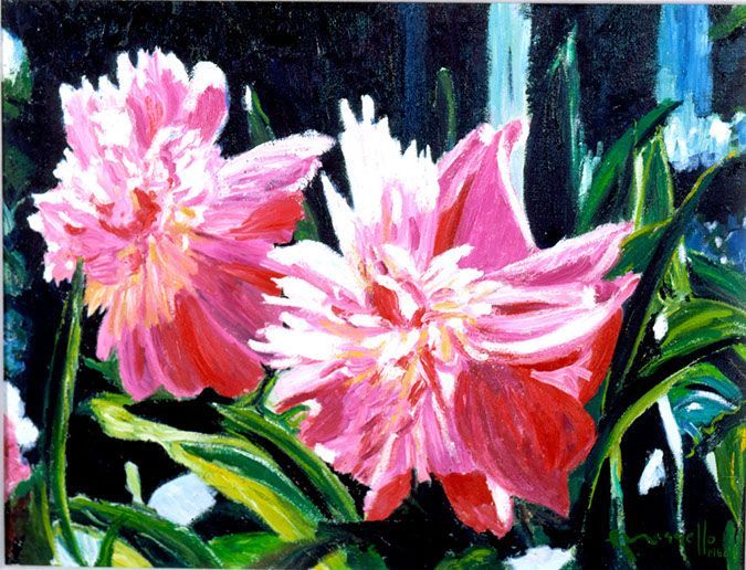A painting of pink flowers on a black background