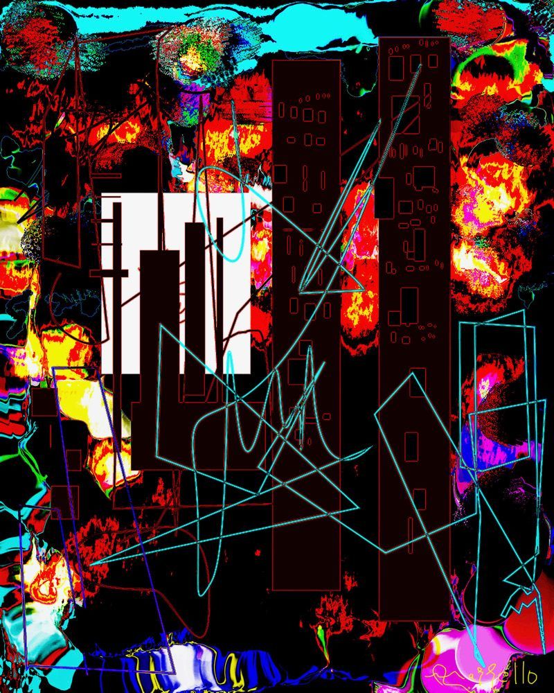 A colorful painting of a piano keyboard with a skull in the middle.