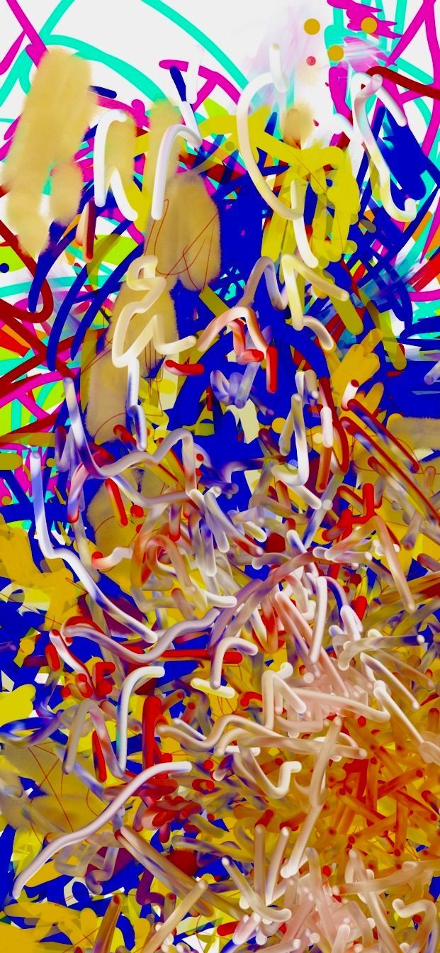 A close up of a colorful painting on a white background.