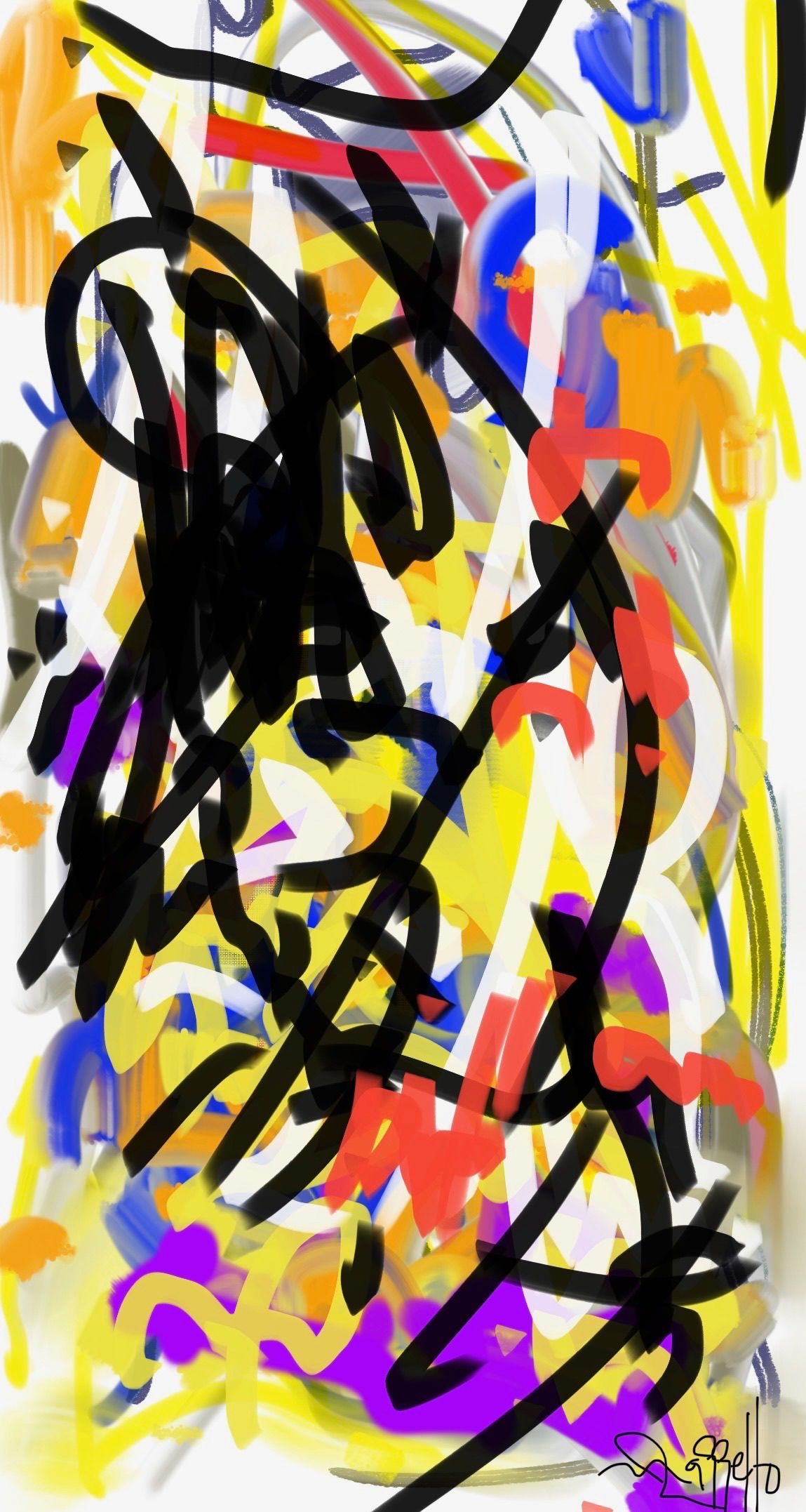 A colorful painting with a lot of brush strokes on a white background.