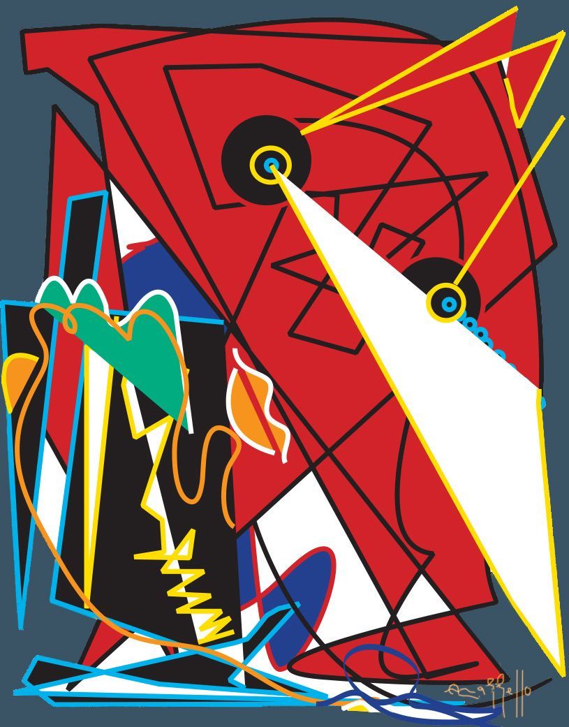 A colorful abstract painting with a yellow triangle in the middle