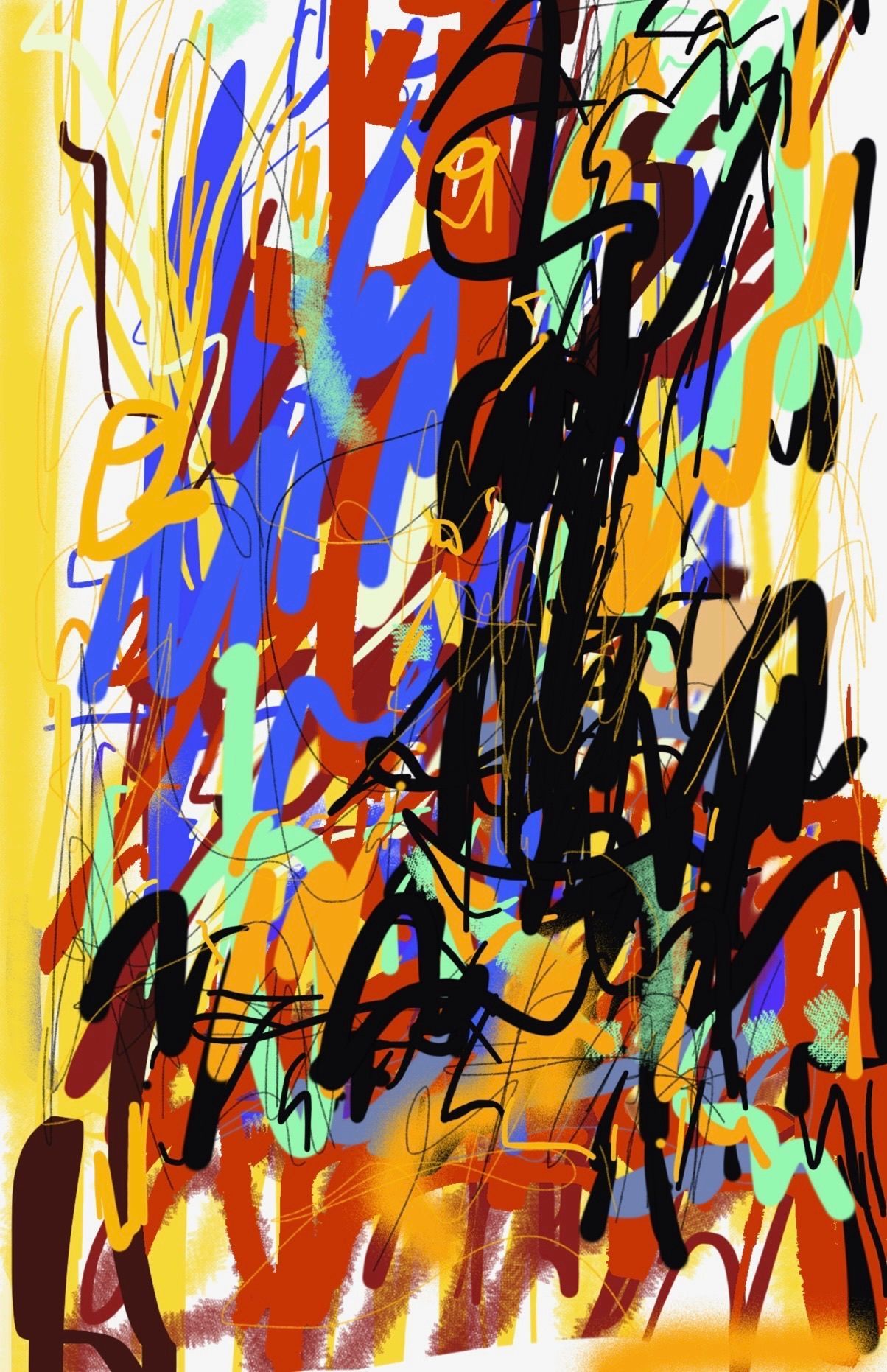 A colorful abstract painting with a yellow background