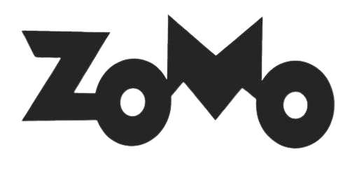 A black and white logo for zomo on a white background