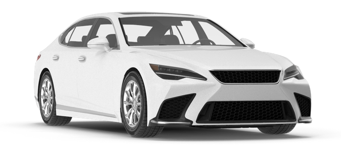 A white car with a black bumper is on a white background.