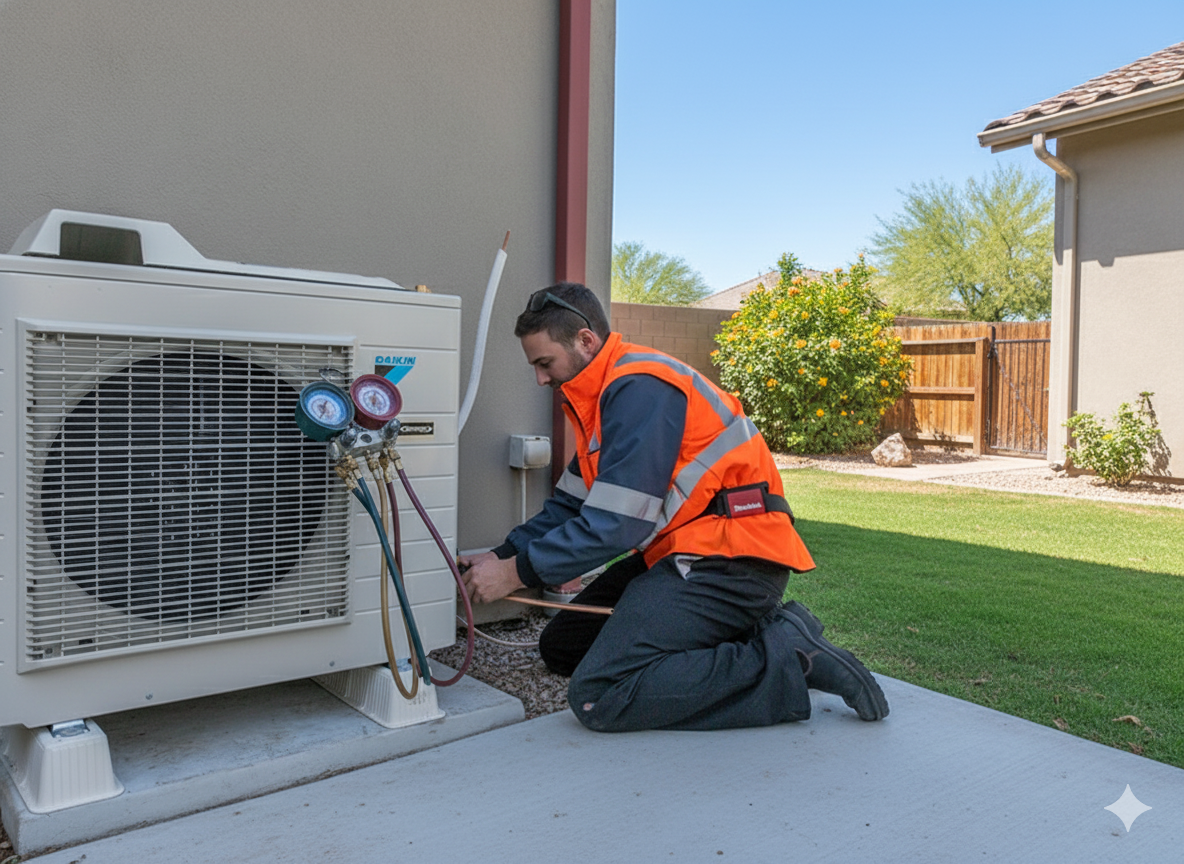 HVAC technician kneels beside a heat pump, connecting gauges outdoors on a sunny day.