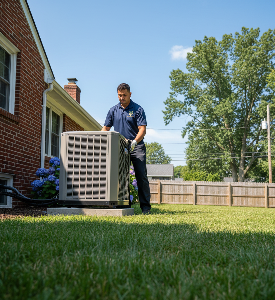 HVAC technician adjusting an outdoor air conditioning unit in a residential yard on a sunny day.