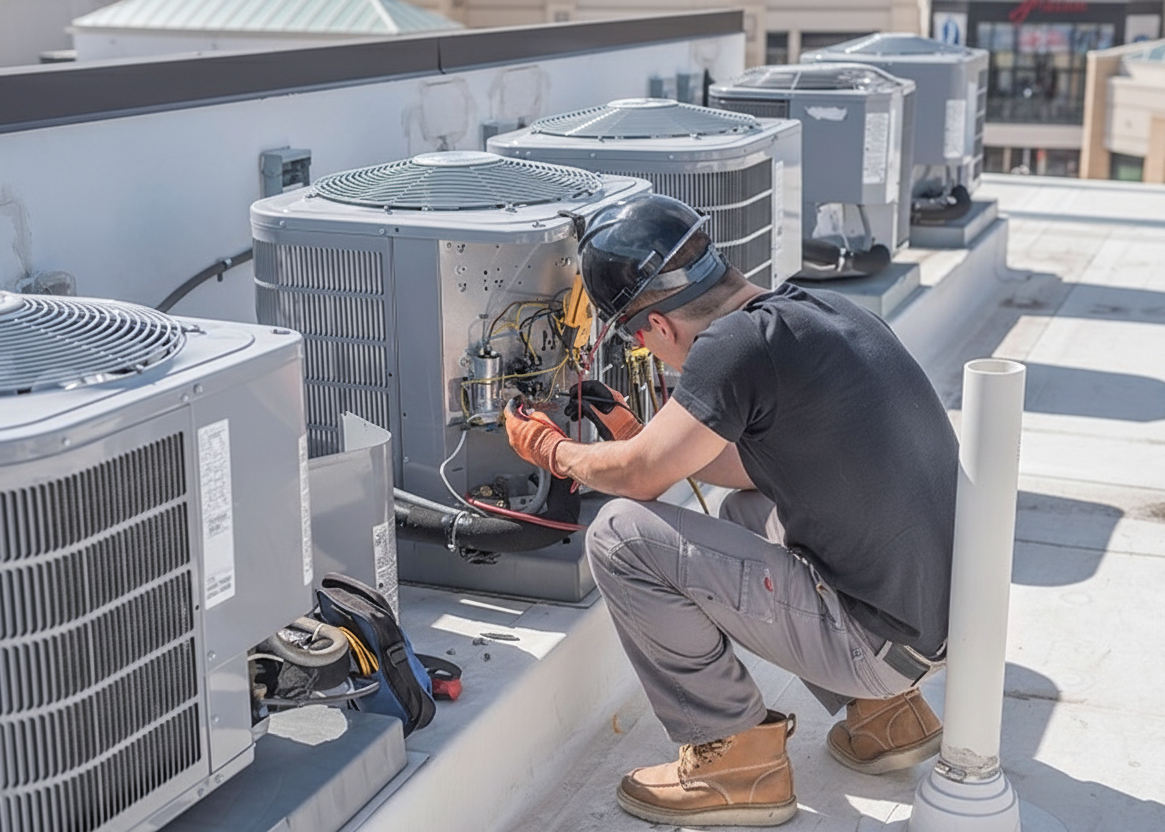 HVAC technician working on an air conditioning unit on a rooftop.