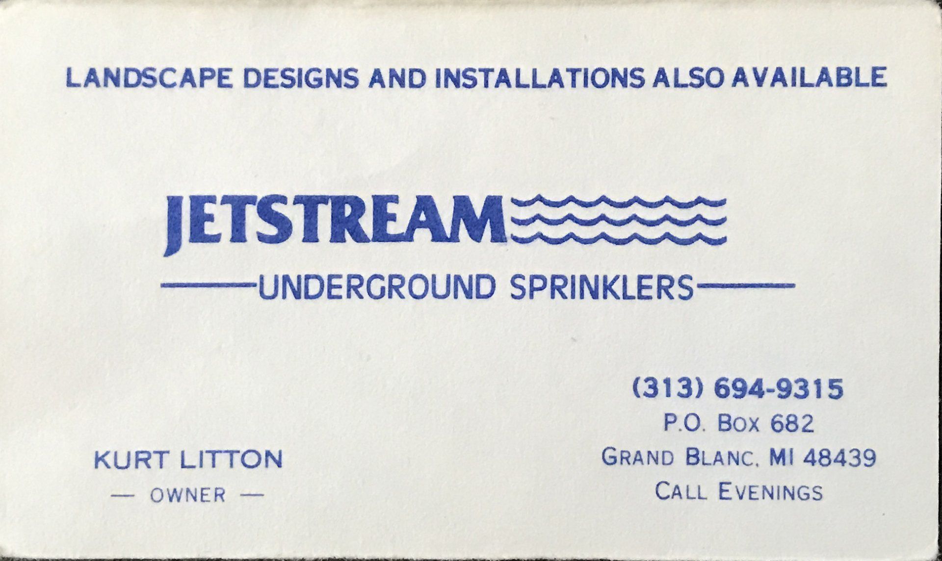 A business card for jetstream underground sprinklers