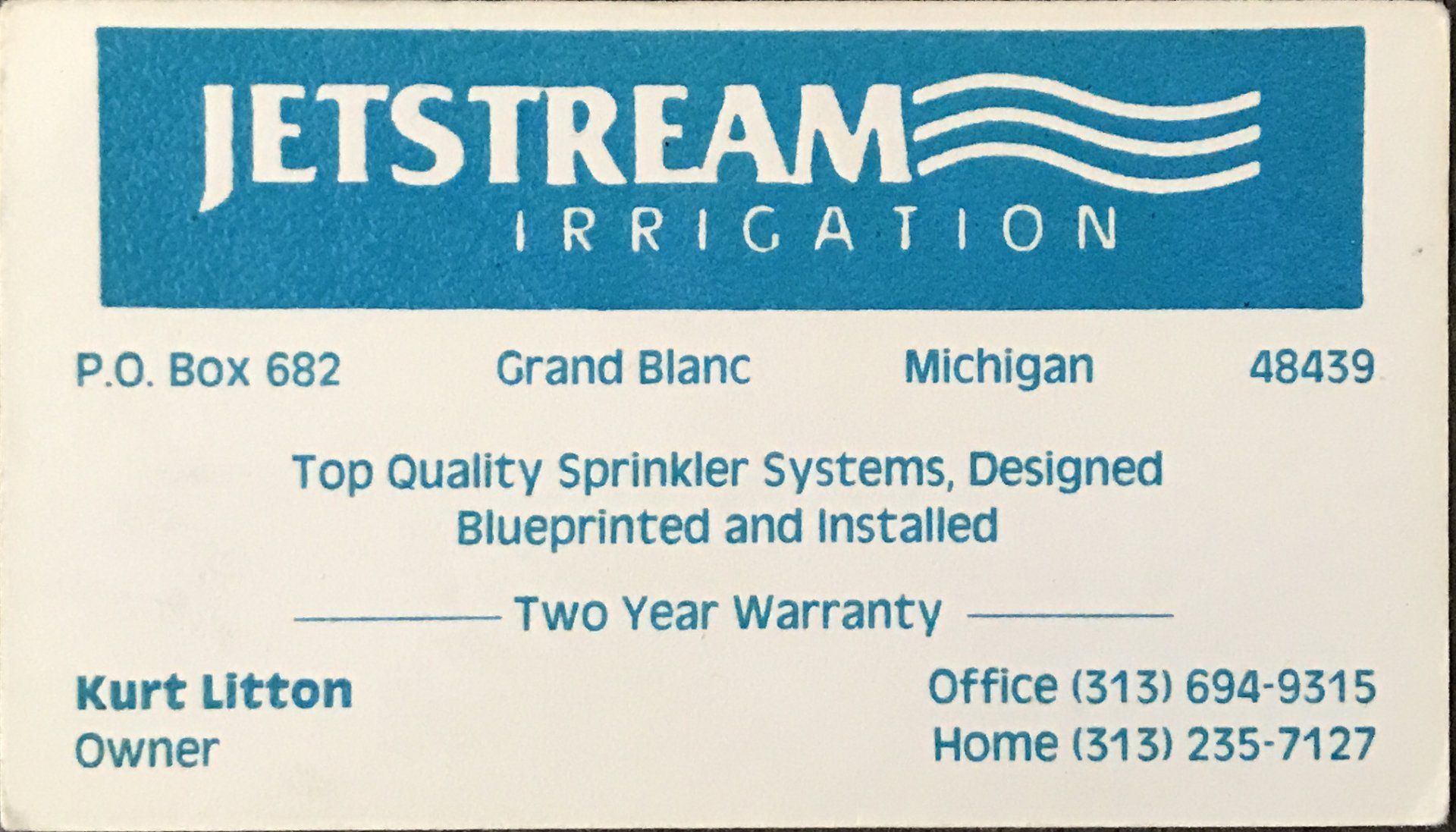 A business card for jetstream irrigation in michigan