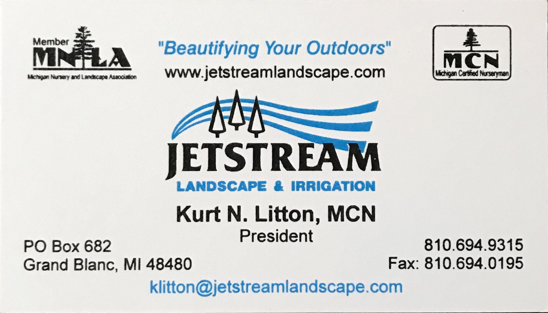 A business card for jetstream landscape and irrigation