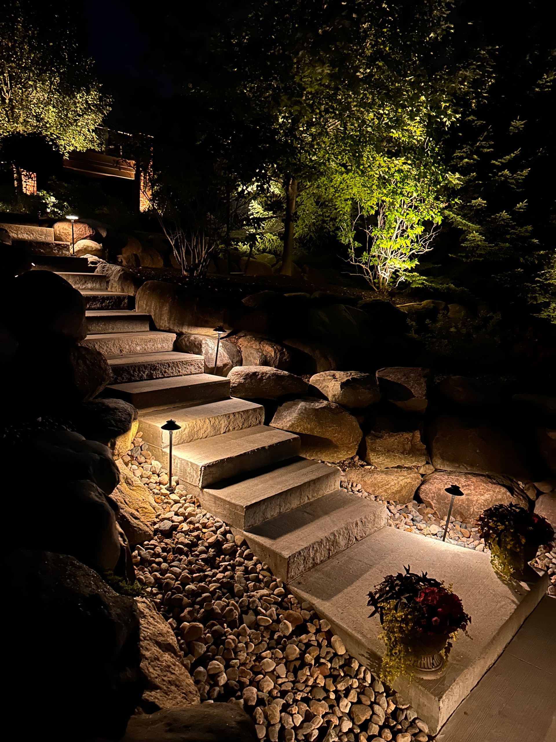 A set of stairs surrounded by rocks and trees are lit up at night.