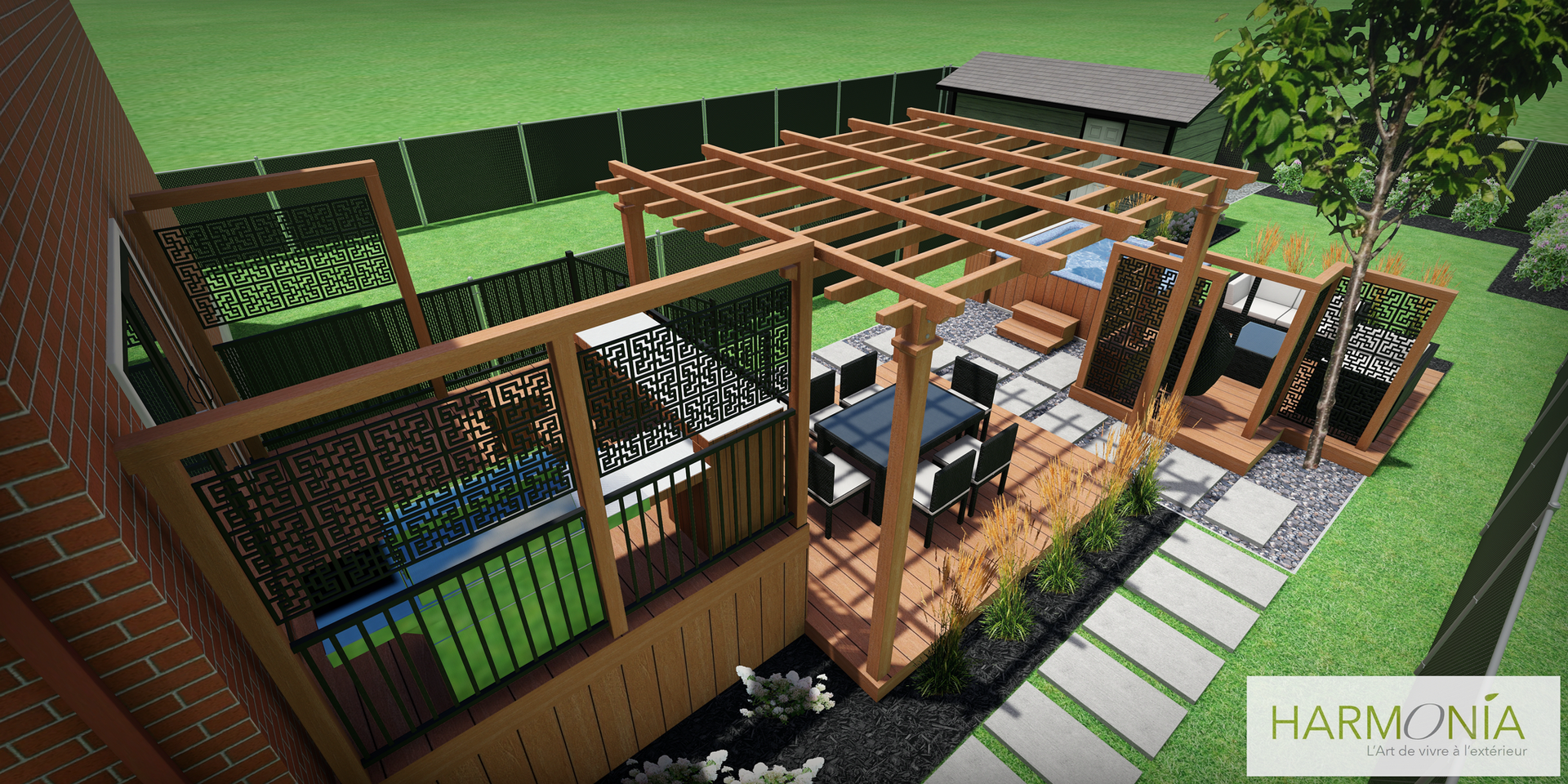 Une vue aérienne d'une cour arrière avec une pergola et une terrasse.