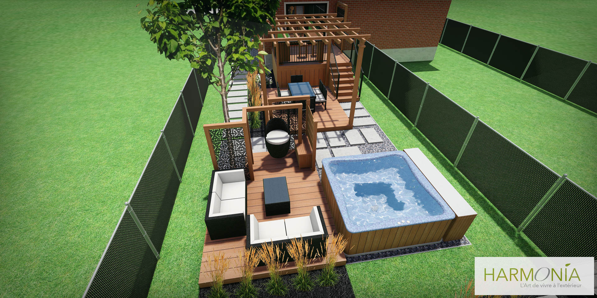 Une vue aérienne d'une cour arrière avec une piscine et une pergola.