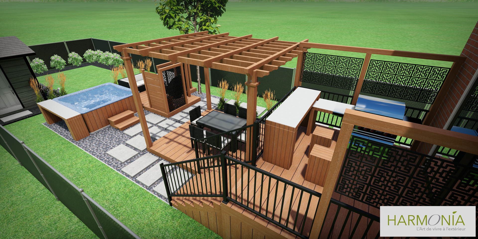 Une vue aérienne d'une cour arrière avec une pergola et un bain à remous.