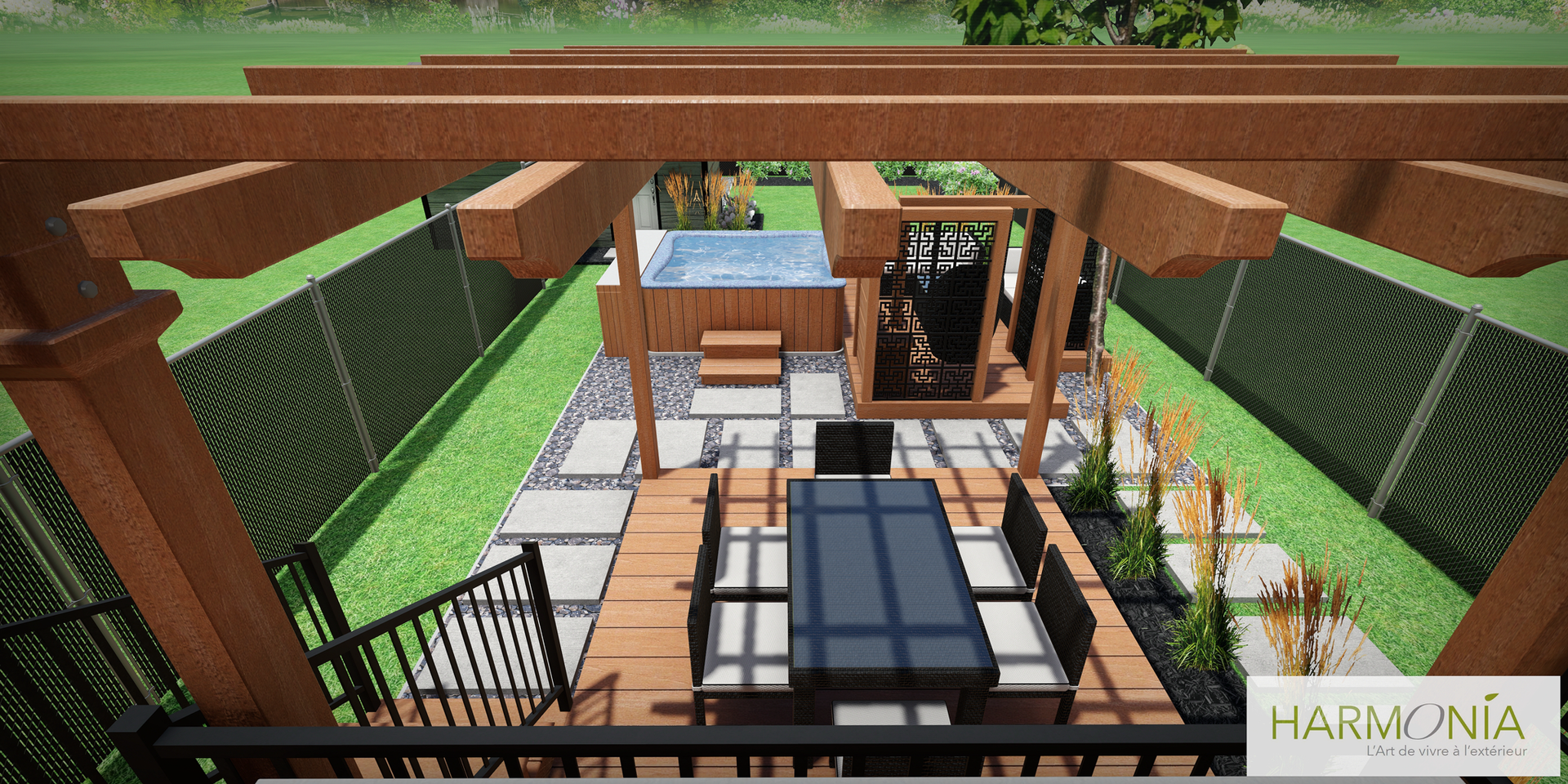 Une vue aérienne d'un patio avec une table et des chaises sous une pergola.