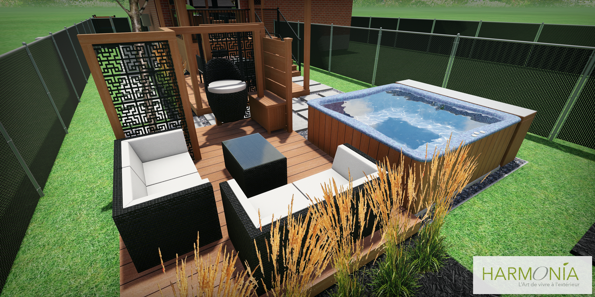 Un rendu d'une cour arrière avec un bain à remous et des meubles de patio