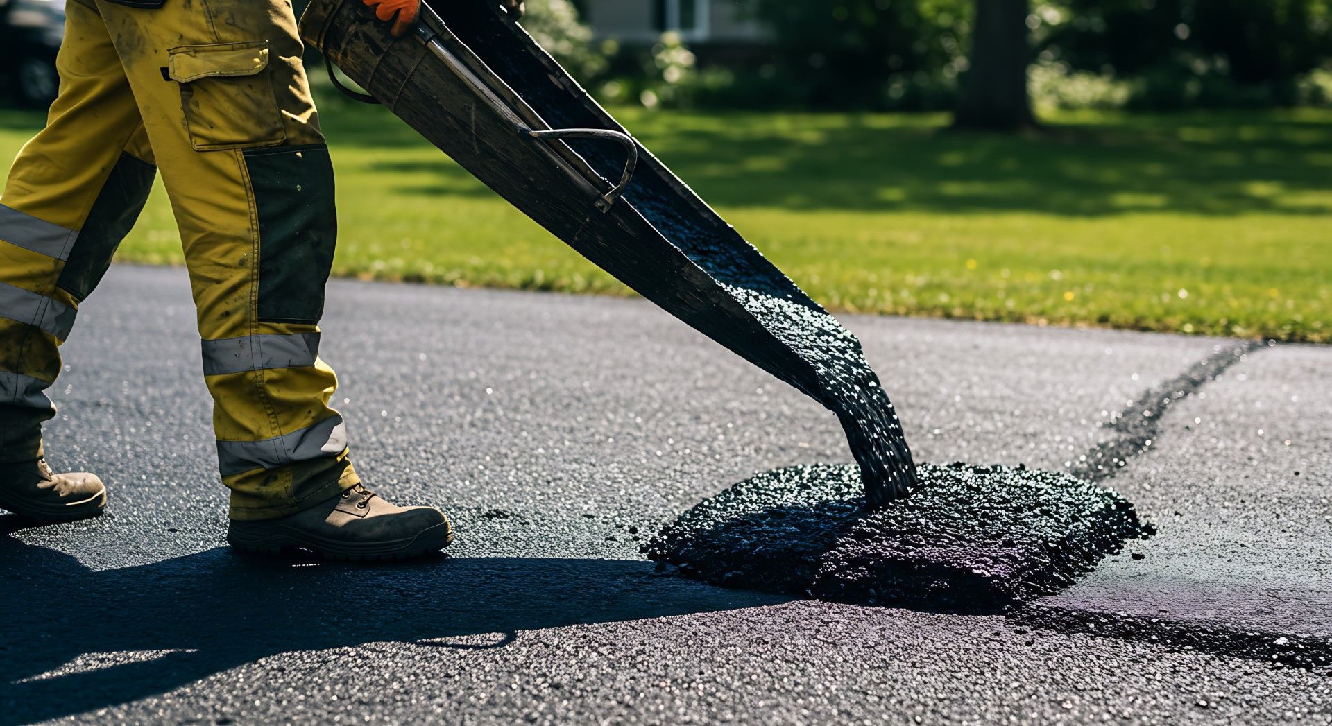 A worker in yellow overalls pours asphalt from a chute to fill a road crack.