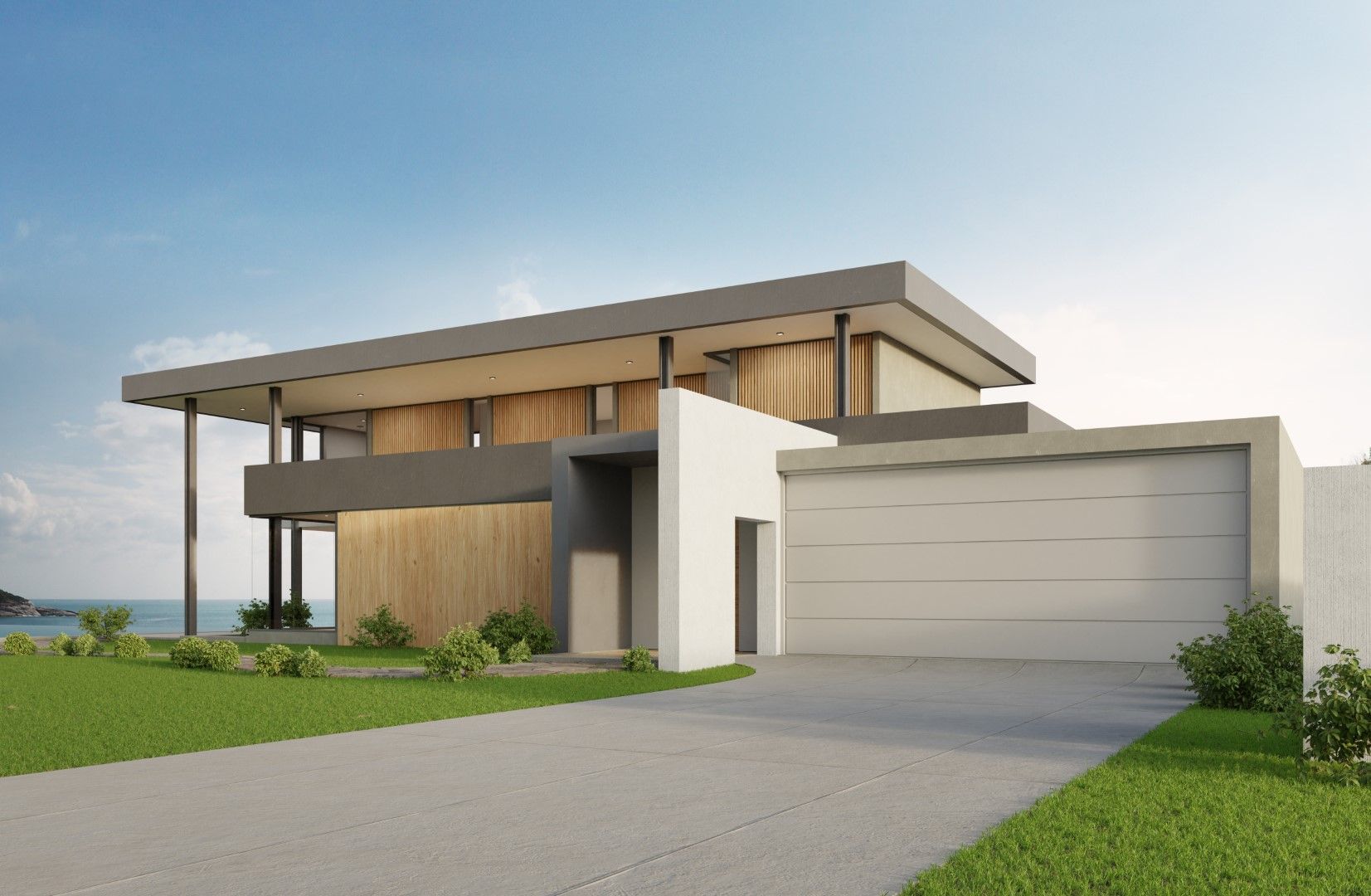 Modern two-story house with a garage, gray roof, and wooden accents on a green lawn, driveway, and blue sky background.