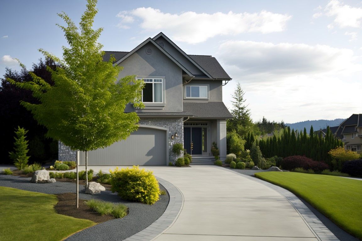 Gray two-story house with a concrete driveway and well-maintained landscaping under a blue sky with clouds.
