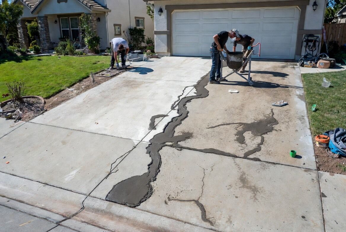 A gloved hand uses a trowel to smooth wet concrete along a brick border outdoors.