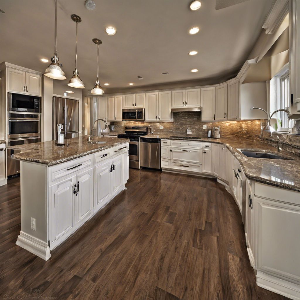 A kitchen with white cabinets , granite counter tops , and stainless steel appliances.