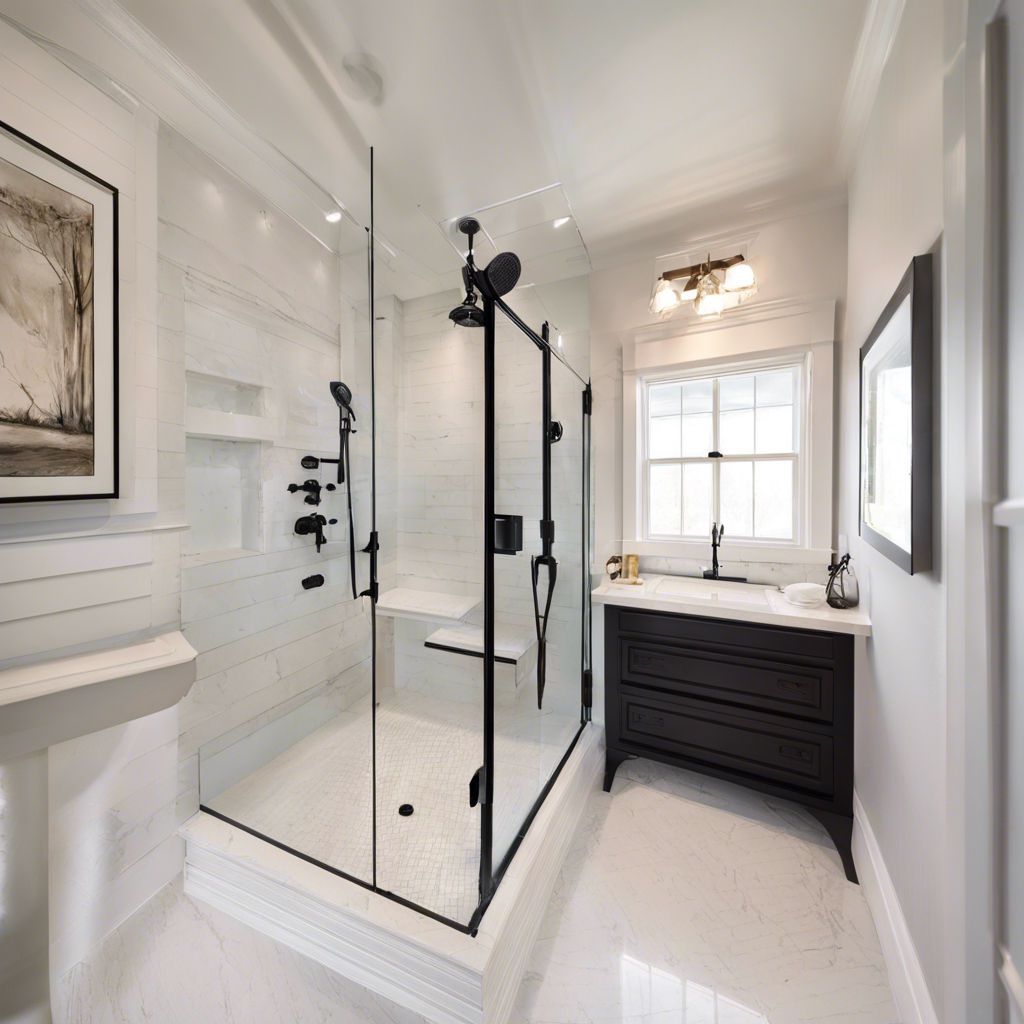 A bathroom with a walk in shower and a sink