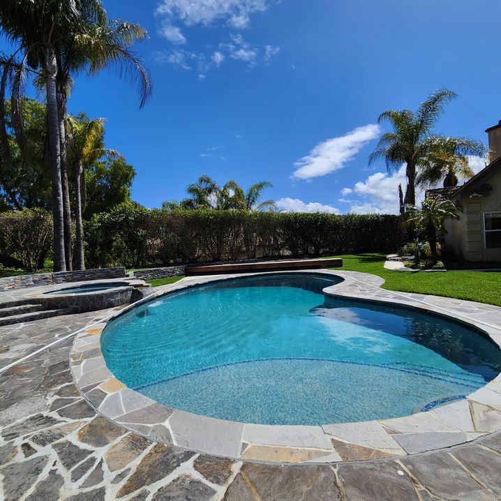 A large swimming pool surrounded by palm trees on a sunny day