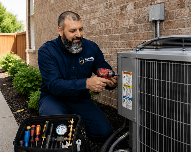 Technician using a tool to service an outdoor HVAC unit beside a brick wall