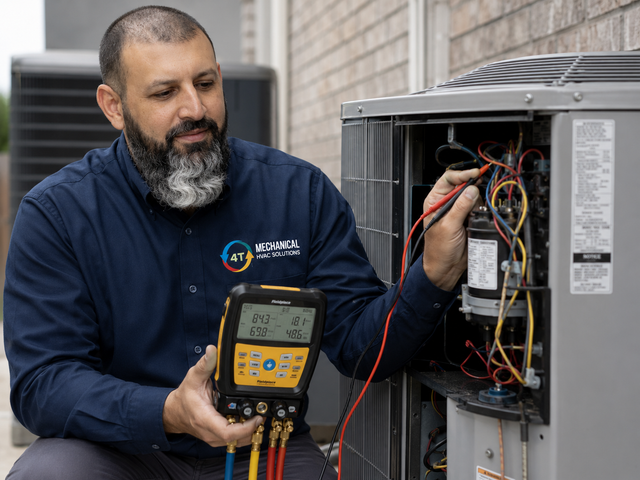 Technician testing outdoor HVAC unit with a digital multimeter and exposed wiring