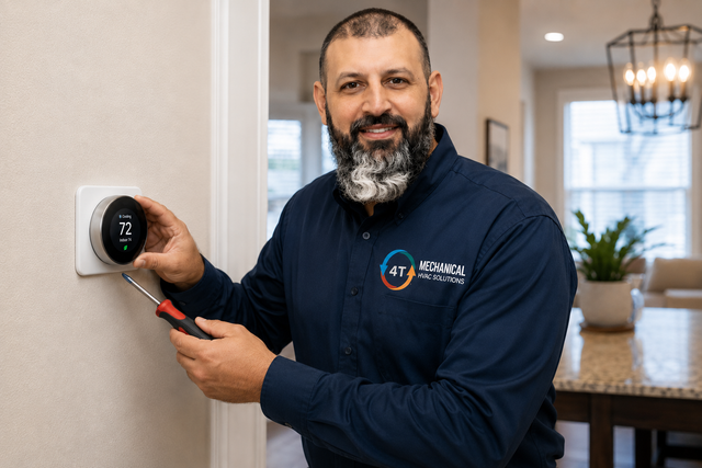Technician installing a smart thermostat on a wall in a home interior