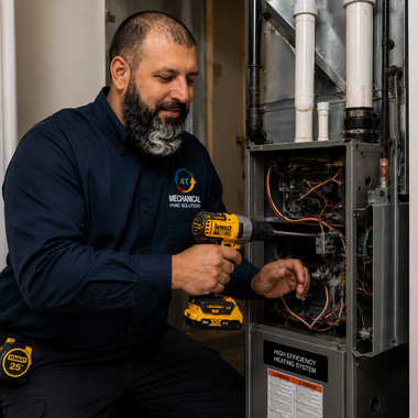 Technician using a yellow drill to work inside an open metal electrical panel