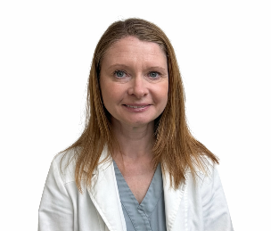 Woman in white coat, light brown hair, smiling, looking at camera.