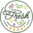 A logo for fresh boost with fruits and leaves