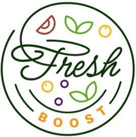 A logo for fresh boost with fruits and leaves